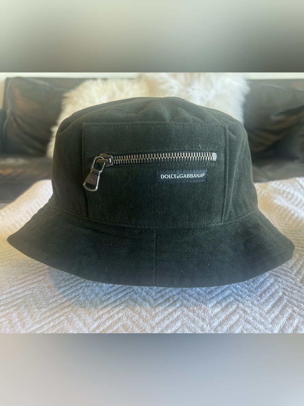 Authentic Dolce & Gabbana Charcoal Velvet/Velour Bucket Hat w/ Front Zip Detail